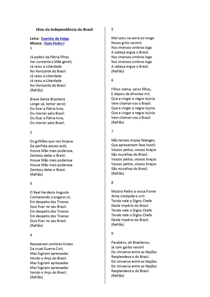 Letra Do Hino Da Independencia Do Brasil Page 0001