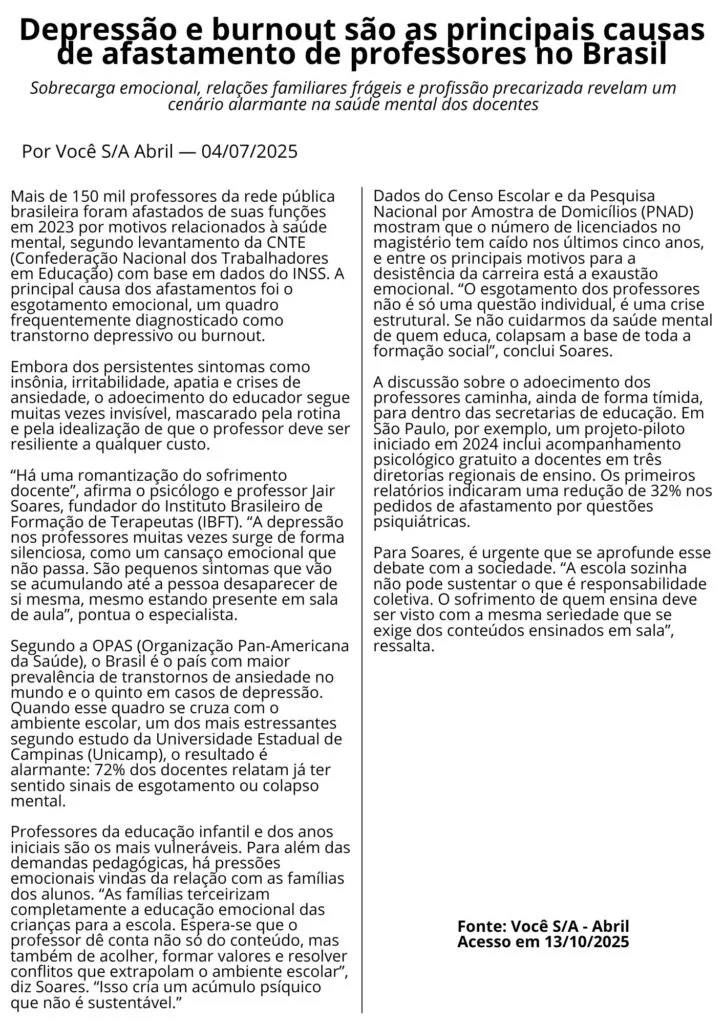 Redação "Os desafios da saúde mental dos professores no Brasil"